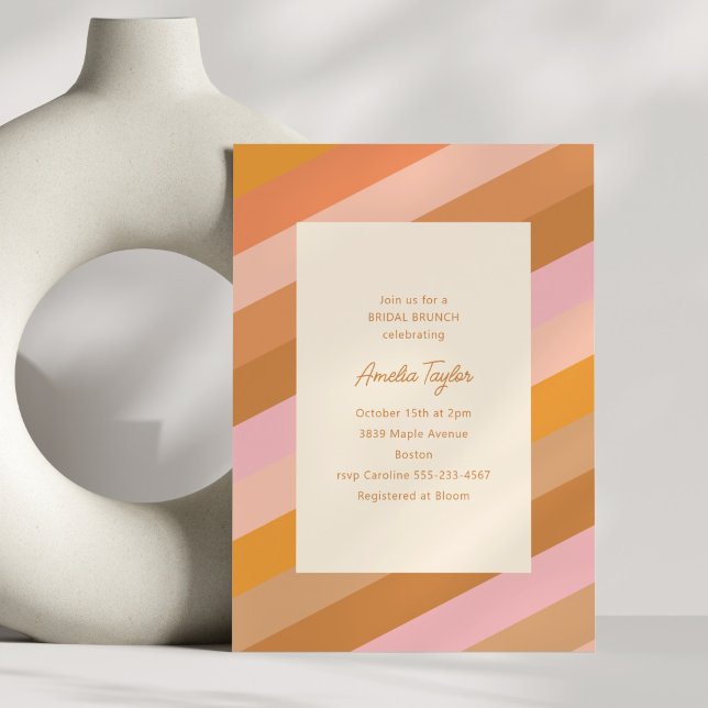 Retro Geometric Pink Orange Stripes Bridal Brunch Invitation (Creator Uploaded)