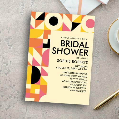 Retro Geometric Pink Orange Yellow Bridal Shower Invitation
