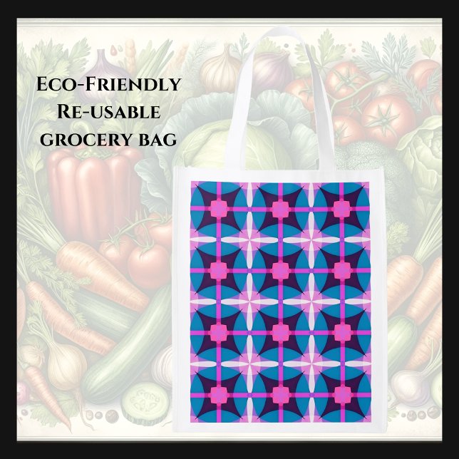 Retro Geometric Pink, Purple and Blue Grocery Bag (Creator Uploaded)