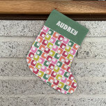 Retro Geometric Print 1970s Personalized Large Christmas Stocking<br><div class="desc">Add some joy to your Christmas gifts with this patterned stocking featuring a simple geometric pattern in a retro 1970s color palette of red,  lime green,  orange,  pink and green against a white background. Your name appears at the top in retro style white lettering against a green background.</div>