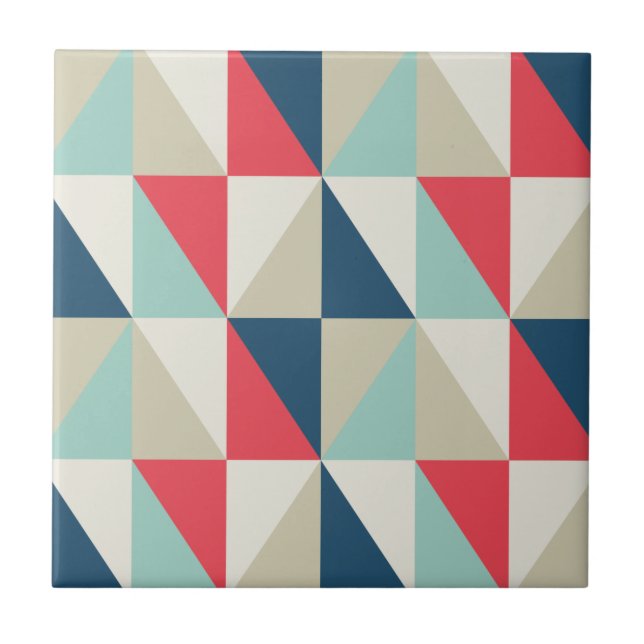 Retro Geometric Red and Blue Triangles Pattern Ceramic Tile (Front)