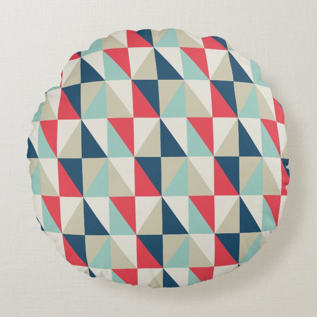 Retro Geometric Red and Blue Triangles Pattern Round Pillow (Front)