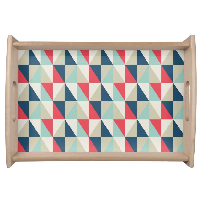 Retro Geometric Red and Blue Triangles Pattern Serving Tray (Front)
