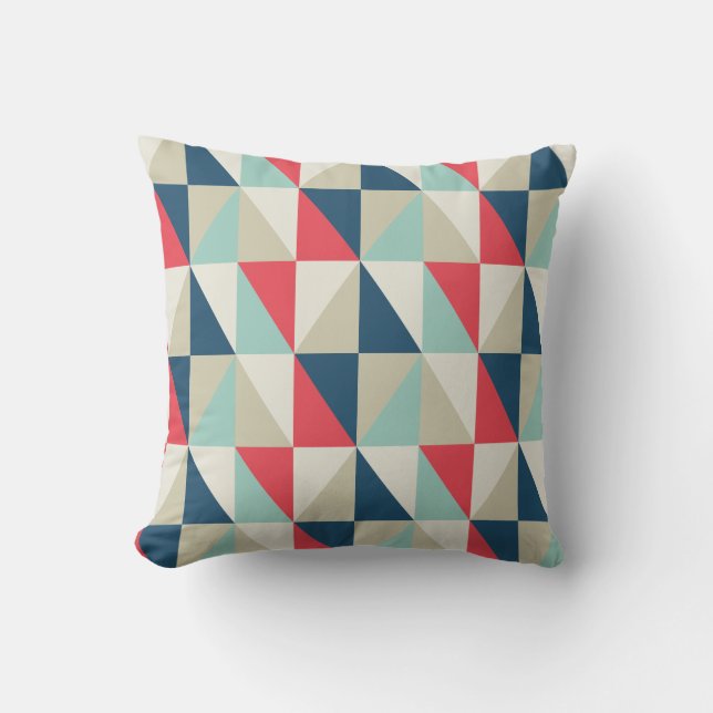 Retro Geometric Red and Blue Triangles Pattern Throw Pillow (Front)