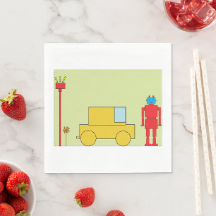Retro Geometric Robot and Yellow Car Napkins