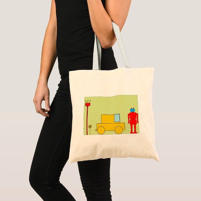 Retro Geometric Robot and Yellow Car Tote Bag (Creator Uploaded)
