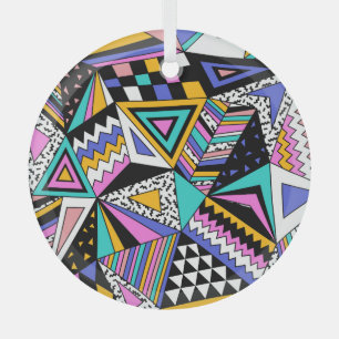 Retro Geometric Shapes: Colorful Vintage. Glass Ornament