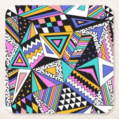 Retro Geometric Shapes Colorful Vintage Square Paper Coaster