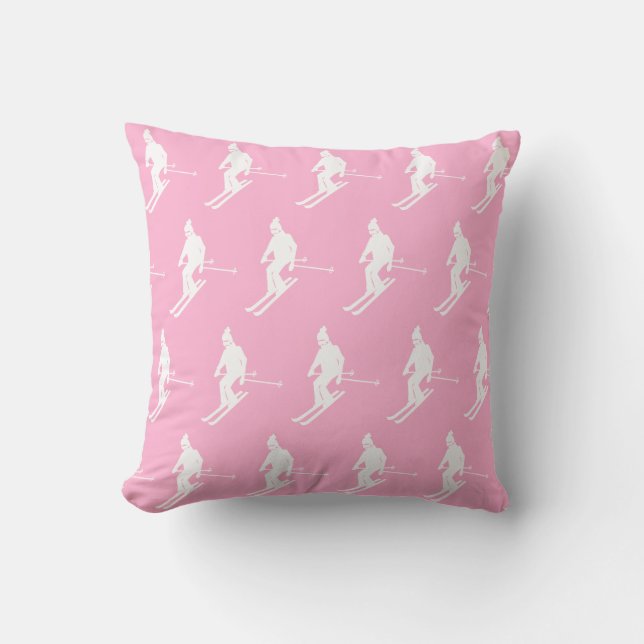 Retro Geometric Skiers Winter Pink White   Throw Pillow (Front)