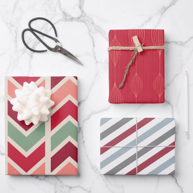 Retro Geometric Stripes Custom Holiday Christmas Wrapping Paper Sheets (Front)