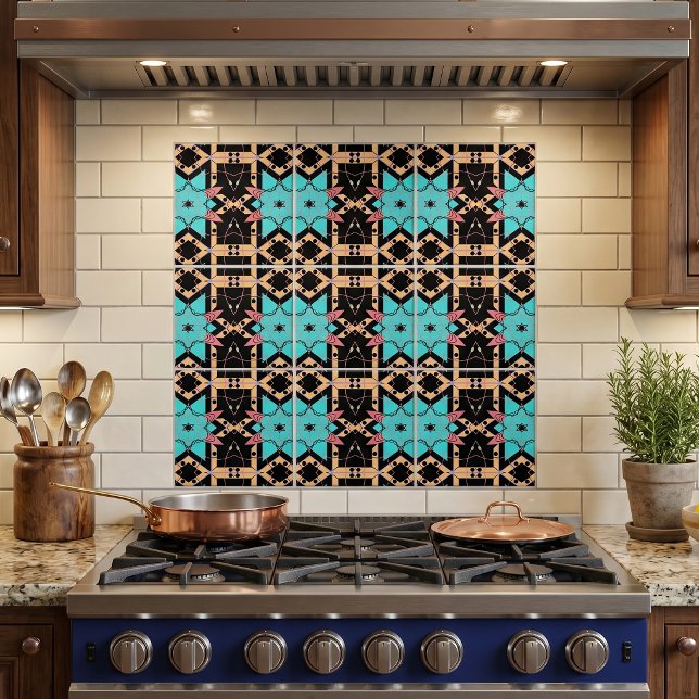Retro Geometric Teal and Pink Star Pattern Ceramic Tile (Creator Uploaded)