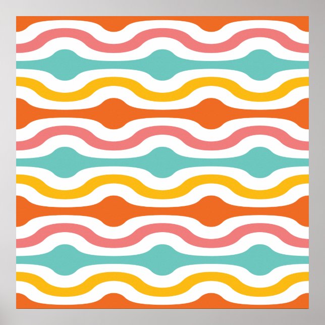Retro Geometric Waves Orange Pink Turquoise Yellow Poster (Front)