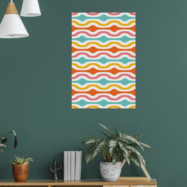 Retro Geometric Waves Orange Pink Turquoise Yellow Poster (Living Room 1)