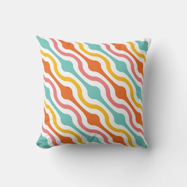 Retro Geometric Waves Orange Pink Turquoise Yellow Throw Pillow (Front)