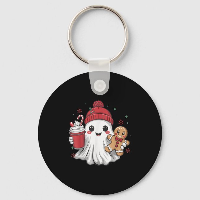 Retro Ghost Beanie Christmas Holiday Xmas Coffee G Keychain (Front)
