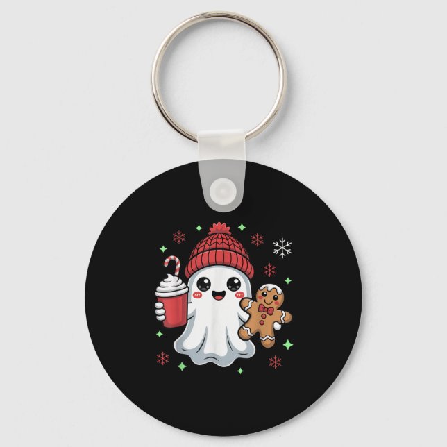 Retro Ghost Beanie Christmas Holiday Xmas Coffee G Keychain (Front)
