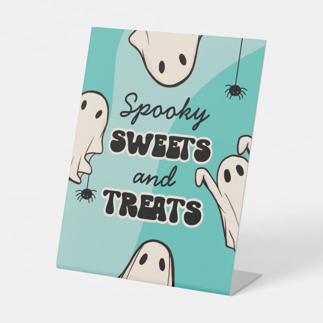 Retro Ghost Blue Halloween Birthday Party Decor Pedestal Sign (Front)