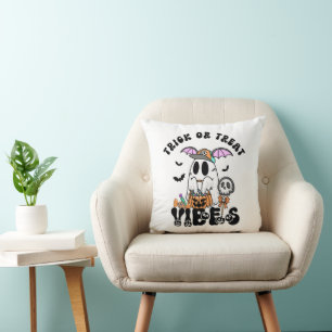 Retro Ghost Candy Halloween Trick or Treat vibes Throw Pillow