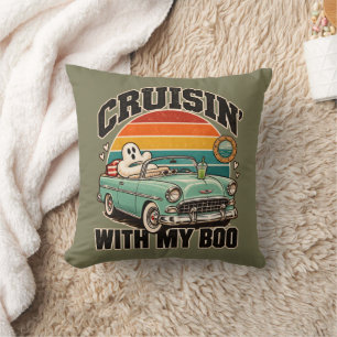 Retro Ghost Car Cruisin' With My Boo Halloween Throw Pillow