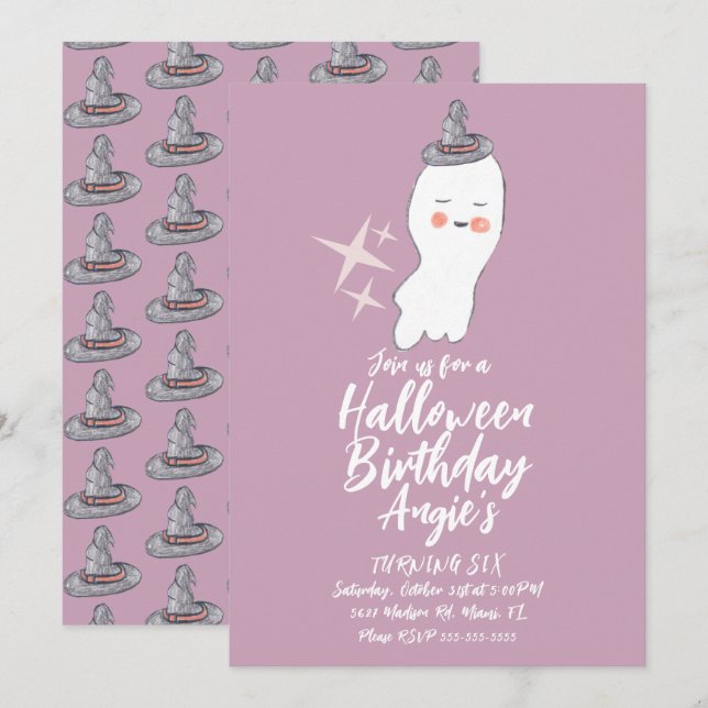 Retro Ghost Doodle Halloween Birthday Party Purple Invitation (Front/Back)