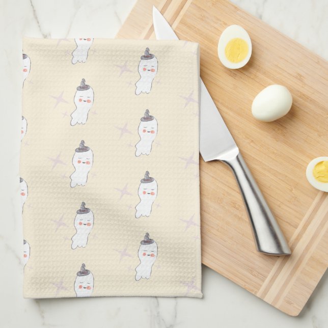Retro Ghost Doodle Halloween Pattern  Kitchen Towel (Quarter Fold)