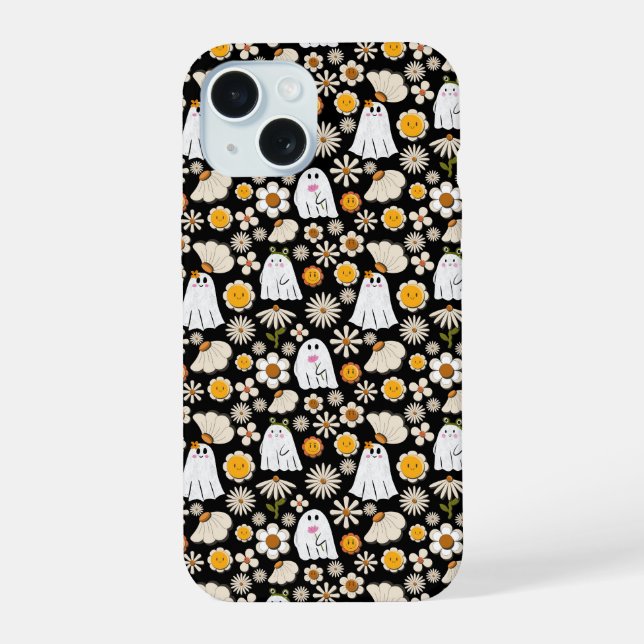 Retro Ghost Flowers Halloween Seamless Pattern Iphone Case (Back)