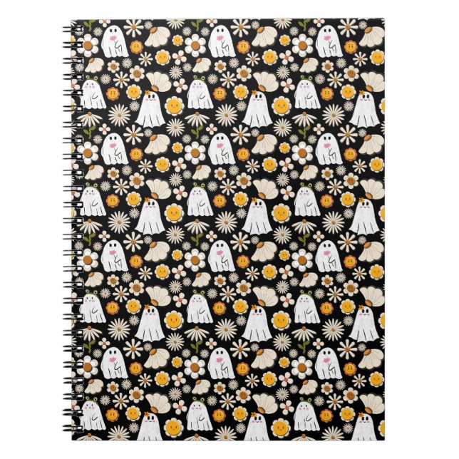 Retro Ghost Flowers Halloween Seamless Pattern Notebook (Front)