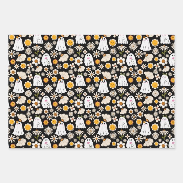 Retro Ghost Flowers Halloween Seamless Pattern Wrapping Paper Sheets (Front)