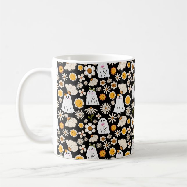 Retro Ghost Flowers Seamless Pattern Coffee Mug (Left)