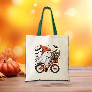Retro Ghost on Bicycle Halloween Tote Bag