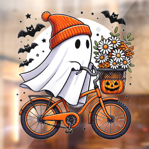 Retro Ghost on Bicycle Halloween Window Cling