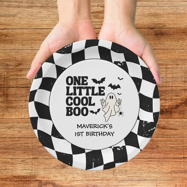 Retro Ghost One Halloween Boy 1st Birthday Paper Plates (Creator Uploaded)