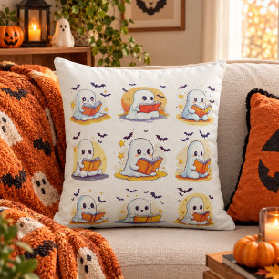 Retro Ghost Reading Books – Cute Spooky Book Throw Pillow