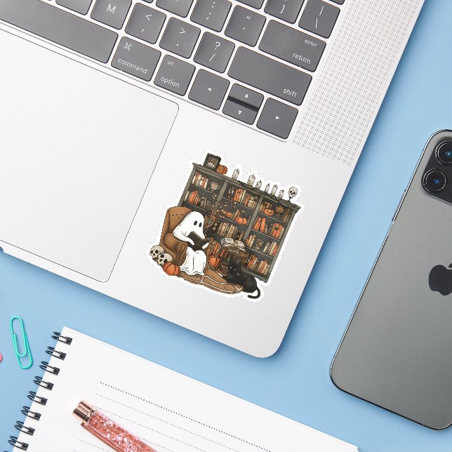 Retro Ghost Reading Books, Librarian Ghost  Sticker (Laptop w/ iPhone)