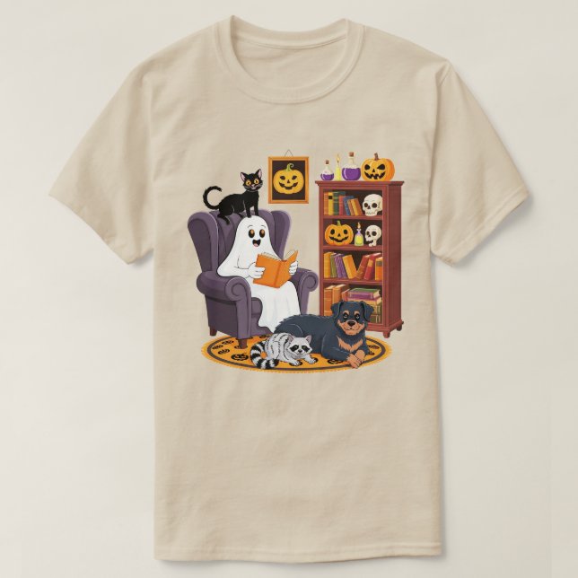 Retro Ghost Reading Books with Black Cat Raccoon  T-Shirt (Design Front)