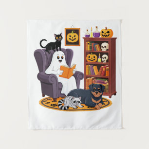 Retro Ghost Reading Books with Black Cat Raccoon  Tapestry