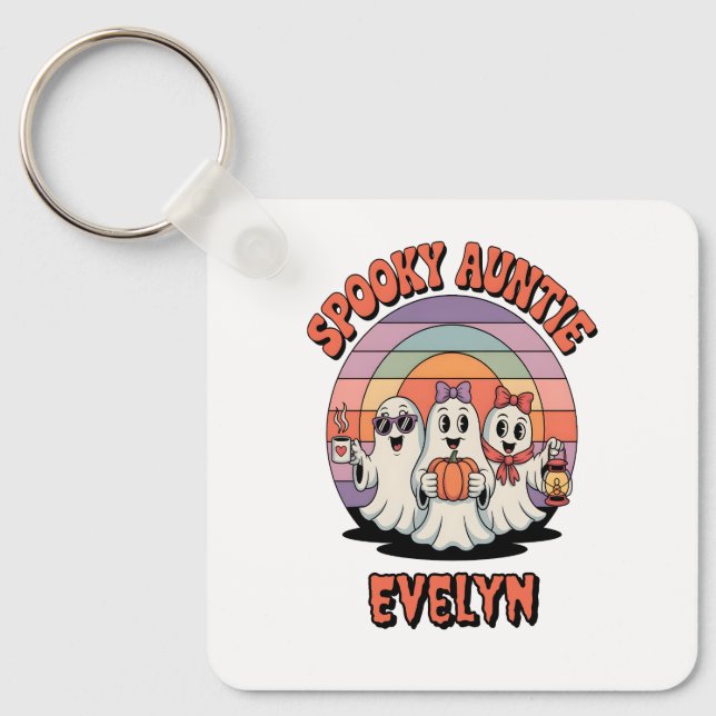Retro ghost Spooky Auntie Custom Halloween Keychain (Front)