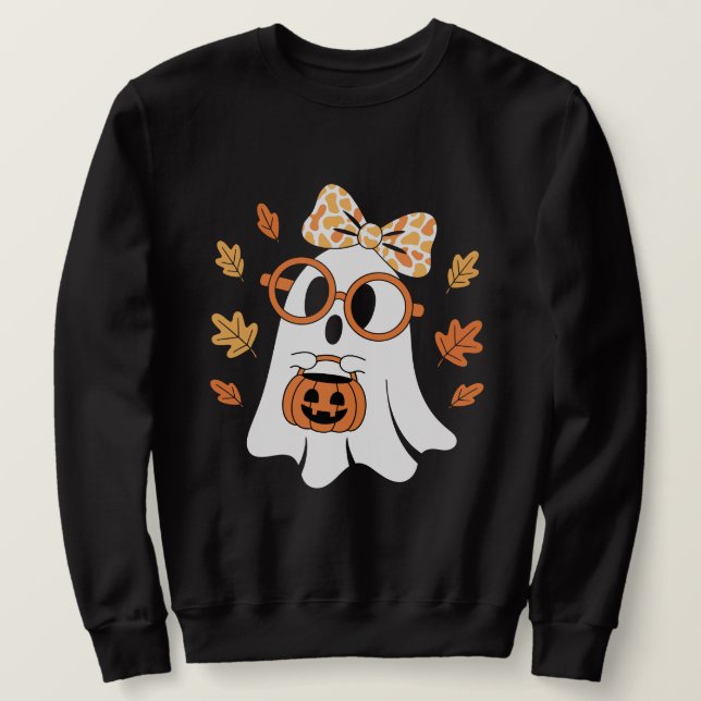 Retro Ghost with Pumpkin Bucket Sweater (Design Front)