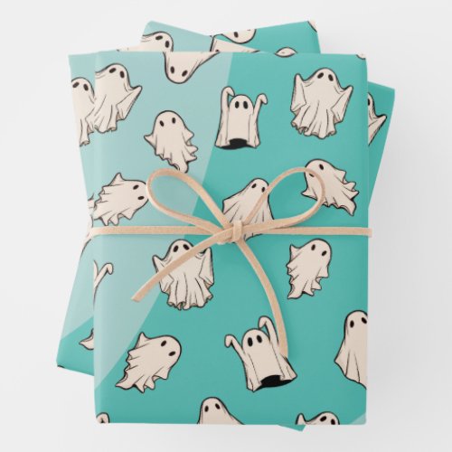 Retro Ghosts Blue Halloween Wrapping Paper Sheets