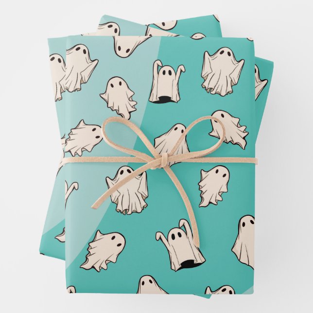 Retro Ghosts Blue Halloween Wrapping Paper Sheets (In situ)