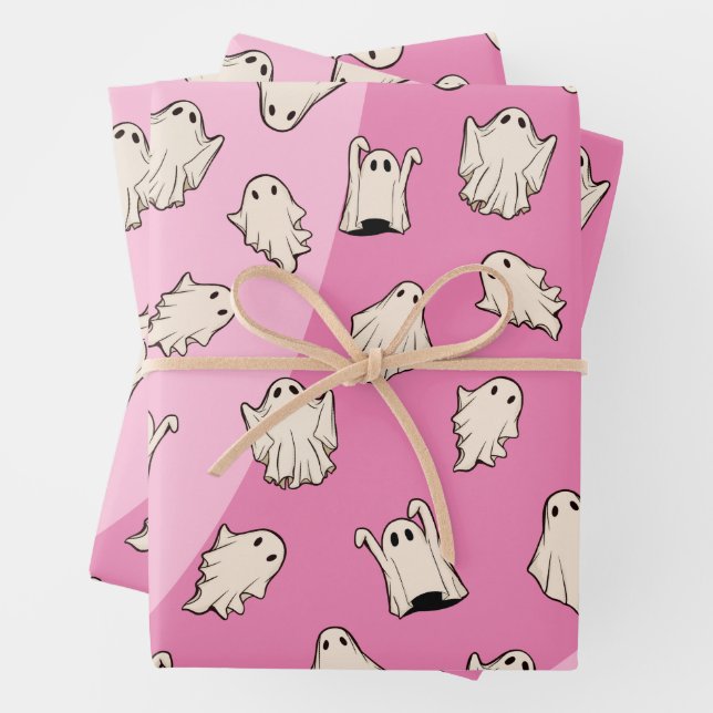 Retro Ghosts Pink Halloween Wrapping Paper Sheets (In situ)