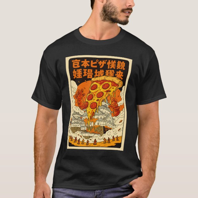 Retro Giant Pizza Monster Attacks Himeji Castle T-Shirt (Front)