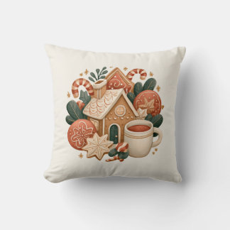 Retro Gingerbread House with Cookies and Cocoa Throw Pillow
