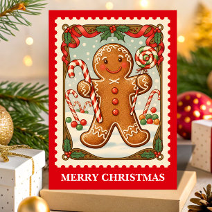 Retro Gingerbread Man Christmas Postage Stamp Holiday Card