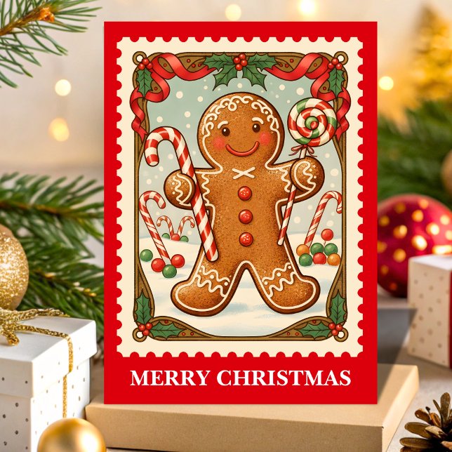 Retro Gingerbread Man Christmas Postage Stamp Holiday Card (Creator Uploaded)