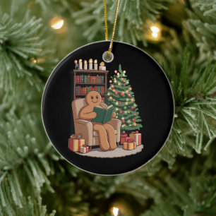 Retro Gingerbread Reading Books Christmas Teacher Ceramic Ornament