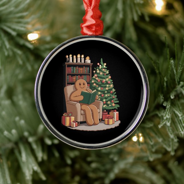 Retro Gingerbread Reading Books Christmas Teacher  Metal Ornament (Tree)