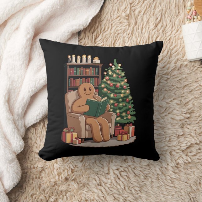 Retro Gingerbread Reading Books Christmas Teacher  Throw Pillow (Blanket)