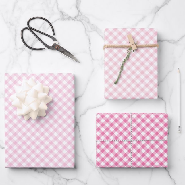 Retro Gingham 3 Pink Wrapping Paper Sheets (Front)