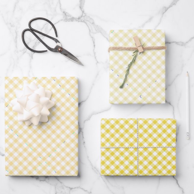 Retro Gingham 3 Yellow Wrapping Paper Sheets (Front)